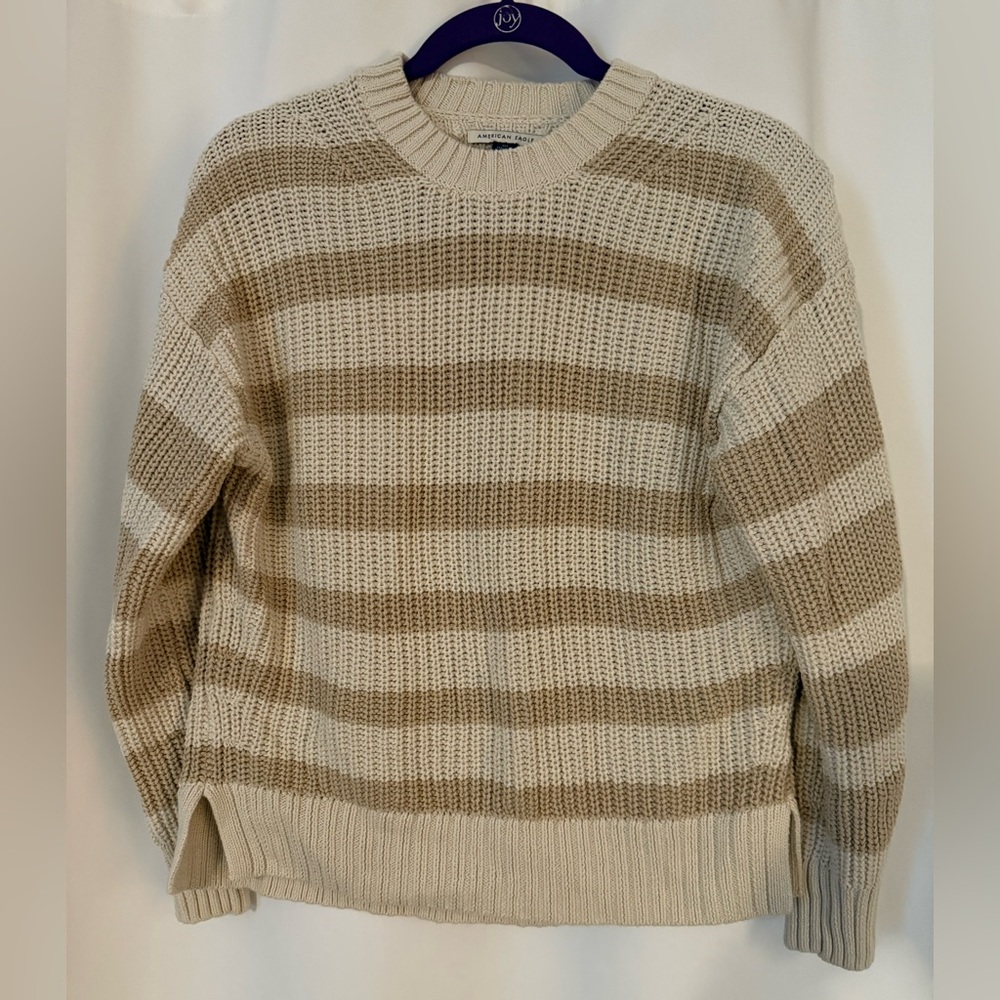 American Eagle Outfitters Beige and Cream Striped Crewneck Sweater